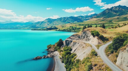 Naklejka premium Aerial view of a mountain road curving along the coast, turquoise water, lush green hills, and distant mountains.
