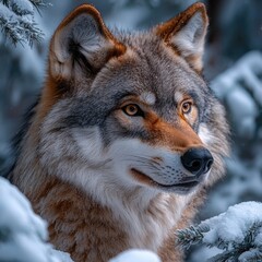 Obraz premium Close-up portrait of a wolf in a snowy forest. A majestic wolf gazes intently, its fur blending seamlessly with the winter wonderland