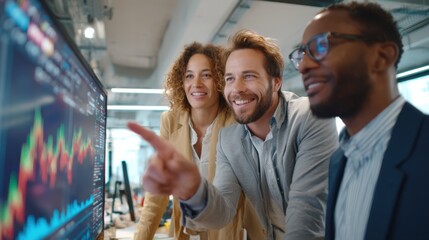 Team members analyze data trends together in a modern office environment during a collaborative meeting