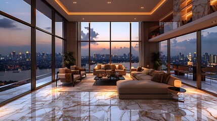 Fototapeta premium Luxury penthouse living room skyline evening view high resolution image