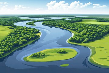Flat design of river delta landscape background vector illustration