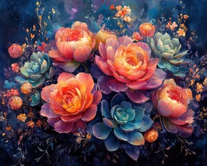 Obraz premium Vibrant floral arrangement featuring colorful roses and succulents in a garden