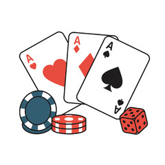 Obraz premium Playing cards, chips, and dice stacked on a white background 