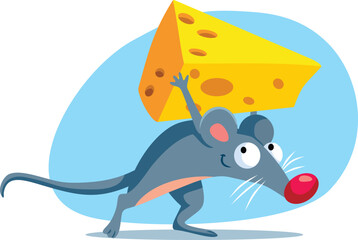 Happy Mouse Steals a Piece of Cheese Vector Cartoon Illustration. Rodent comes after food and infests kitchens or restaurants 
