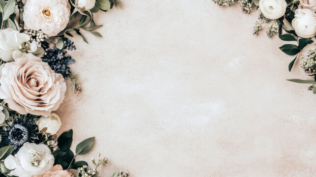 beautiful arrangement of soft colored flowers framing neutral background, perfect for invitations or decor