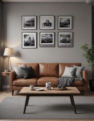 Brown couch, wooden dining table, black & white photos, grey wall, chic living space,  monochrome,  furniture,  elegant