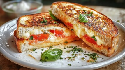 Grilled cheese sandwich with melted mozzarella and tomatoes.