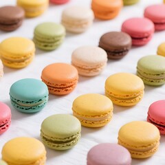 Obraz premium 4k high quality Ai generative HD photo realistic restaurant food menu sell selling cafe mini small treat dessert colorful pastel soft macaroons white background blue pink yellow green purple brown
