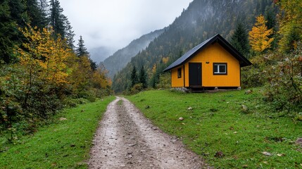 Fototapeta premium A small orange cabin sits on a grassy hill beside a muddy trail, nestled in a mountain valley with autumnal foliage and a misty atmosphere. The scene evokes serenity and remoteness.