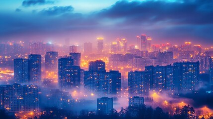 Obraz premium Colorful cityscape shrouded in a misty twilight.