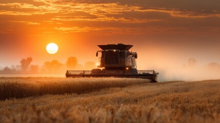 Fototapeta premium Harvesting wheat at sunrise with a combine in a golden field