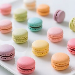 Obraz premium 4k high quality Ai generative HD photo realistic restaurant food menu sell selling cafe mini small treat dessert colorful pastel soft macaroons on a white tray background blue pink yellow green purple