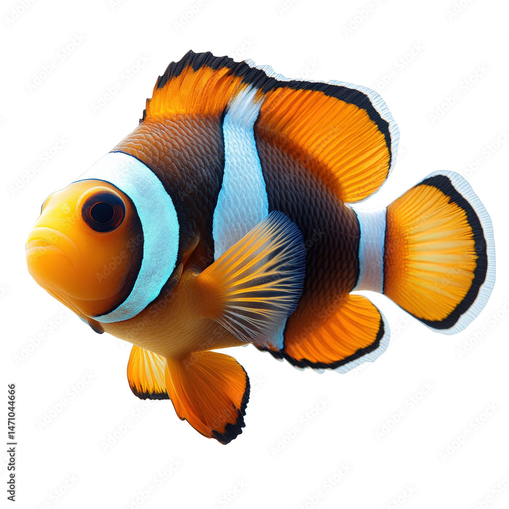Poster vibrant clownfish profile portrait showcasing distinct patterns against a dark depth