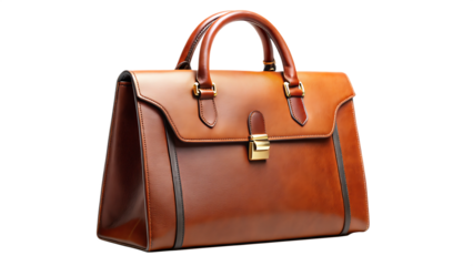 Exquisite leather handbag in warm brown hue with gold hardware and isolated on white background