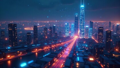 Fototapeta premium Close-up of a futuristic cityscape with holographic projections and interconnected data streams , urban development, innovation background