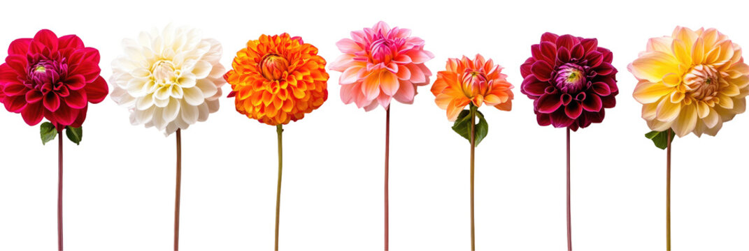 Collection of real colorful dwarf dahlia flower heads on transparent background

