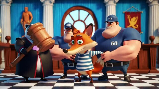 Cartoon prison guard sleeping while inmates sneak past with exaggerated tiptoe