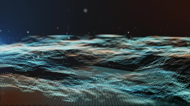 Flying through futuristic digital geology terrain, digital data telemetry and engineer topography with contour lines.