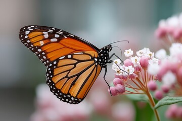 Naklejka premium Monarch Butterfly on Vibrant Pink Flowers in a Garden, Closeup Nature Photography