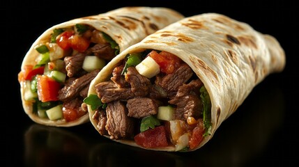 Two delicious burritos filled with seasoned beef and vegetables.
