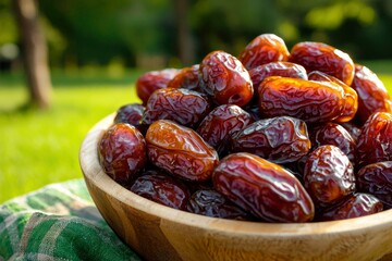 Fototapeta premium Dates in wooden bowl outdoors