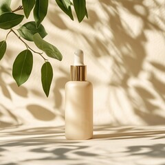 Trendy background with natural cosmetic skincare bottle. Product presentation. Beauty and body care product concept.