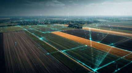 Futuristic view of agricultural fields with digital data overlay illustrating precision farming technology