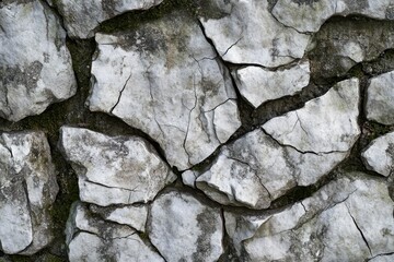 Obraz premium Cracked, weathered stone wall texture with moss