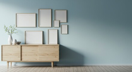 Light-filled room with wooden furniture and picture frames