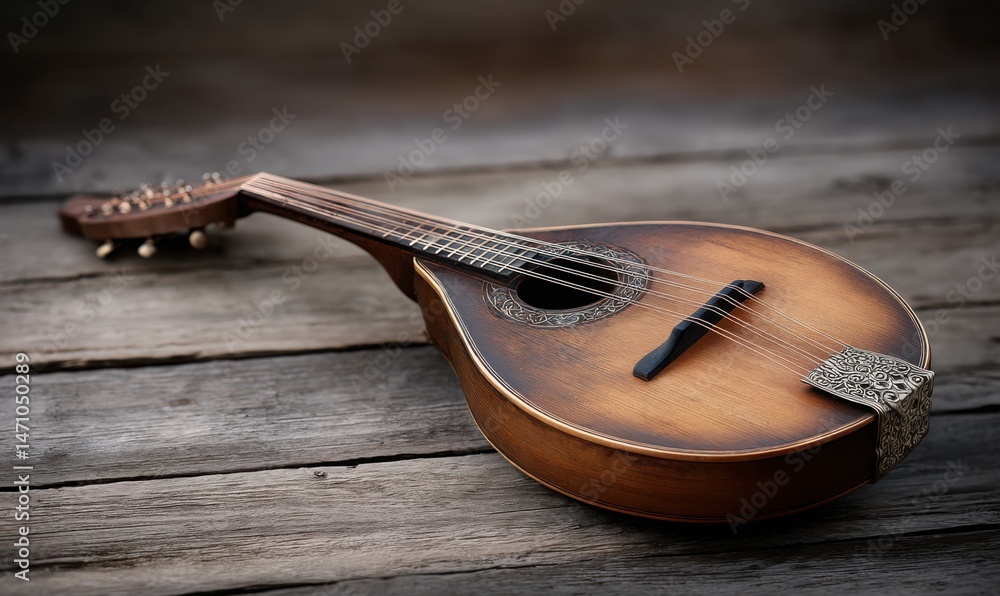 Poster antique mandolin with intricate carving and worn strings lying on weathered wooden surface