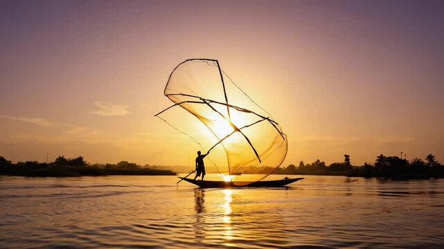 Fisherman casting net silhouette against sunset sky over calm waters