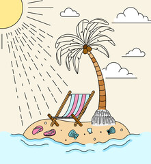 Beach Chair and Coconut Trees in the Middle of the Ocean with Scorching Sun on a Summer Day. Can be used for tourism marketing websites, promotions, holiday destination ads