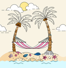 Hammock Tied Between Two Coconut Trees Under the Hot Sun on a Tropical Beach During Summer Vacation. Can be used for tourism marketing websites, promotions,  holiday destination ads