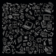 Back to school doodle elements. Vector illustration in line with black background