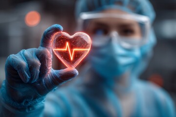 Healthcare Professional Holding Heart with EKG Line Hospital Digital Art Clinical Environment Close-Up View Medical Concept