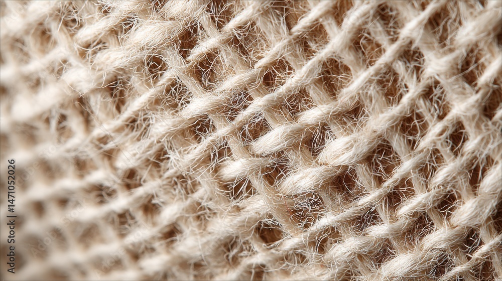 Poster extreme close-up macro of raw linen canvas, every fiber and weave pattern visible, with natural beig