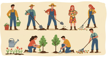 Gardening people with tools for commercial use, flat vector style
