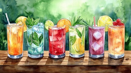 Colorful watercolor illustration of various refreshing drinks.