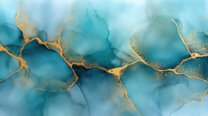 Fluid abstract texture created with alcohol inks in turquoise, navy, and metallic gold veins, luminous 