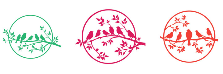 Silhouette of birds on a tree branch with leaves in a peaceful nature scene vector illustration