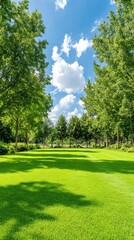 Fototapeta premium Serene Park View with Lush Green Lawn and Blue Sky in Summer, Eye-Level Shot, Tranquil Scene, Perfect for Relaxation or Recreation