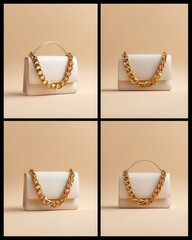 4 views of a leather bag by Loewe with a gold chain, 1 is a detail, beige background, eshop photography.