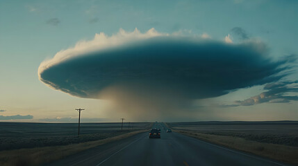 Dramatic supercell thunderstorm over rural road presents imposing grandeur