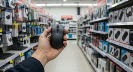 Hand holding wireless computer mouse in store aisle (1)