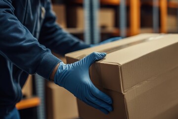倉庫内で箱を持ち運ぶ作業者の姿と手の動きの詳細