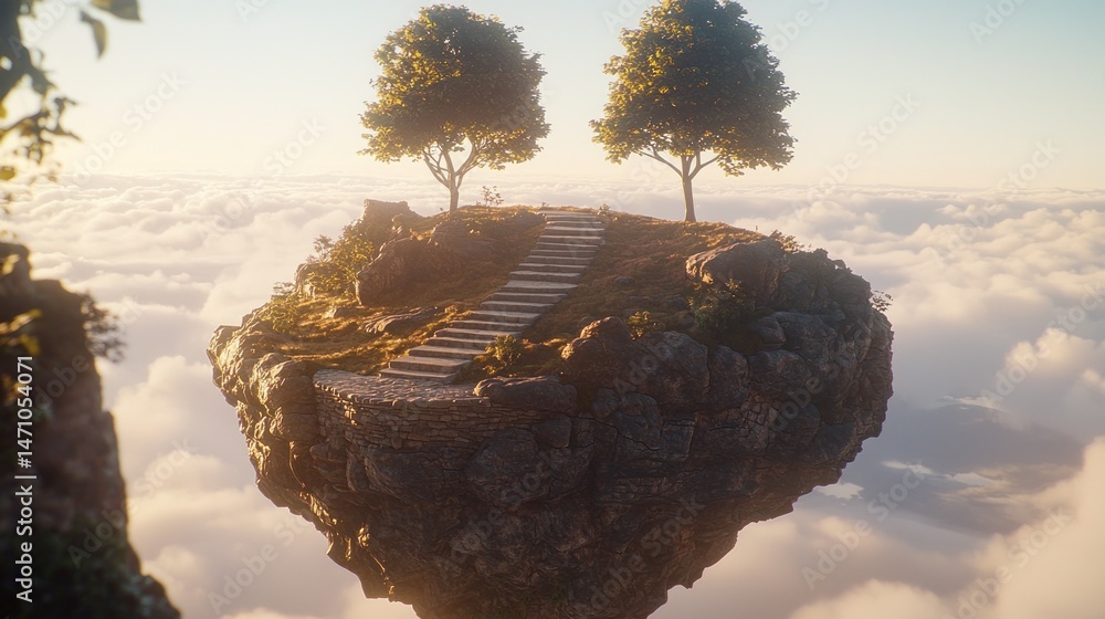 Poster floating isle with steps and trees amid clouds.