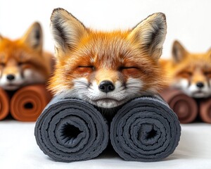 Relaxed fox resting on yoga mats with other foxes in the background, serene setting