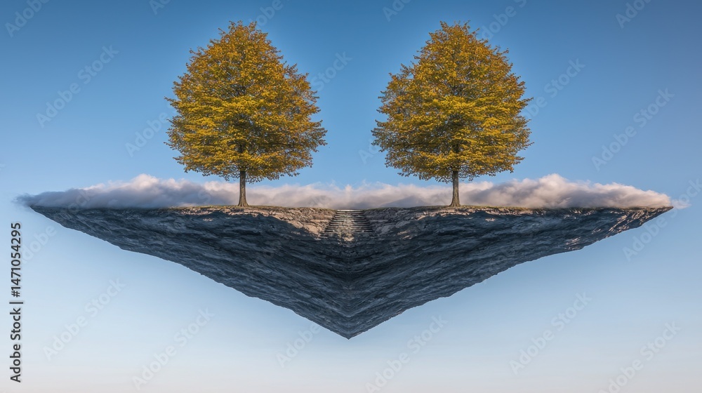 Poster floating island with mirrored trees in a serene sky.