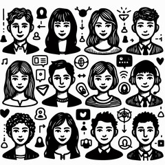 Set of people faces hand drawn in doodle style.Black lines and silhuette