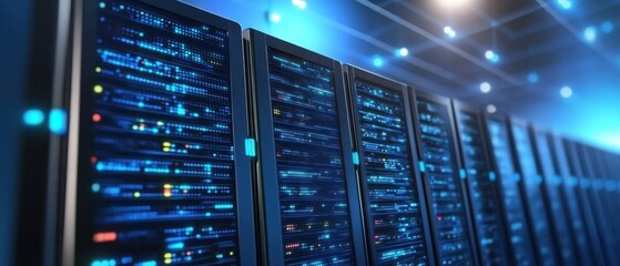 Data Center Servers in Row Showing Data Processing and Storage with Blue Light and Cool Tone for Cloud Computing